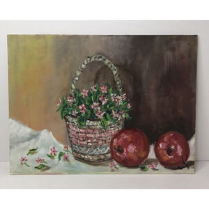 Signed Oil Painting Basket Pink Purple Flowers With Red Apples Joann K